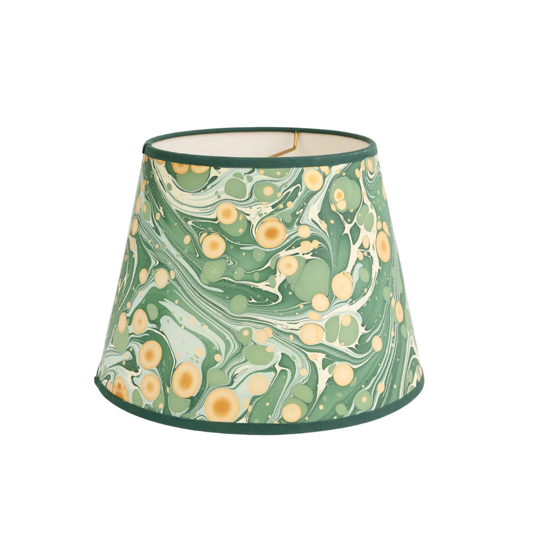 14" Hand-Marbelized Paper Lampshade in Green Gold Pebbles