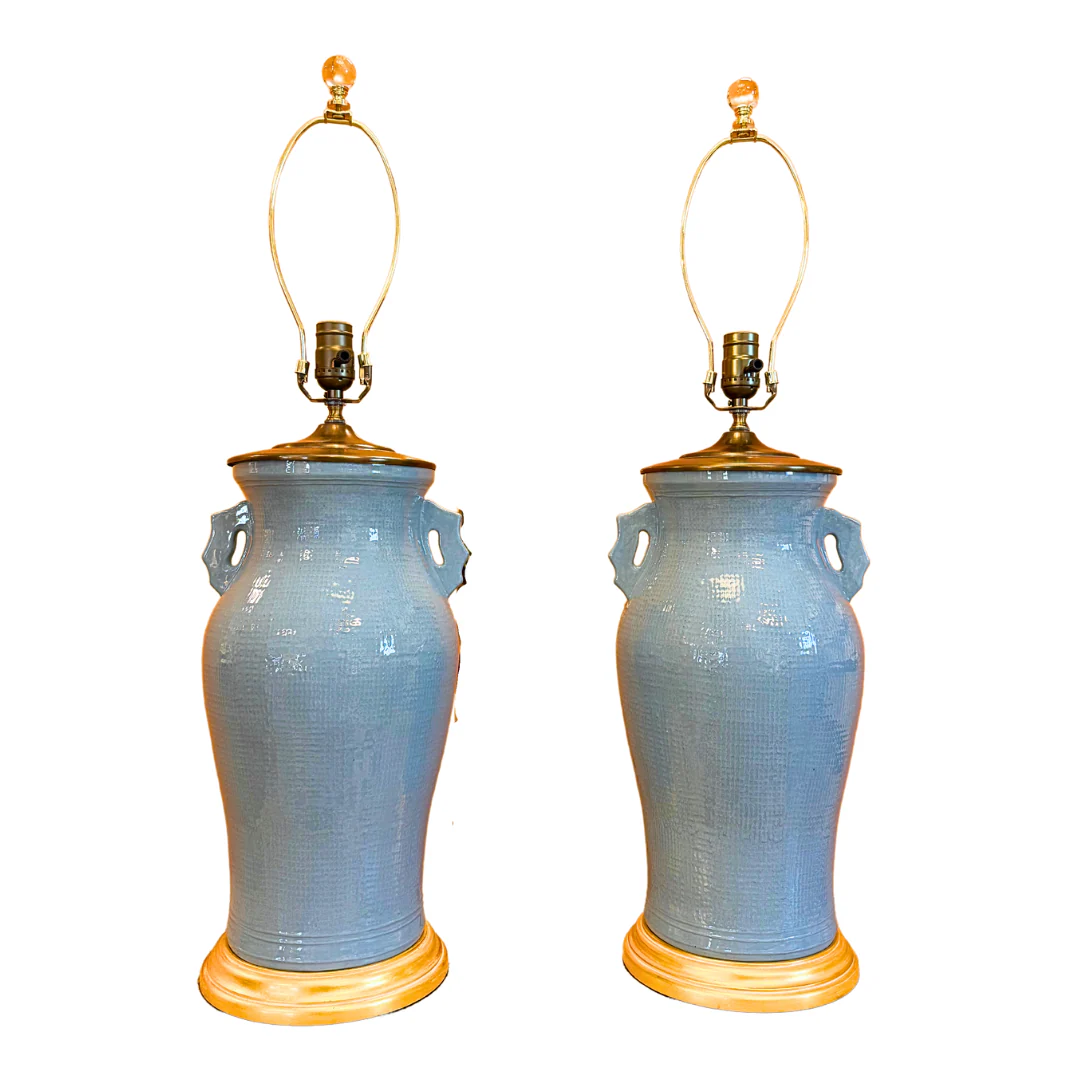A Pair of Large, Blue-Glazed Vases, Now Mounted as Lamps.