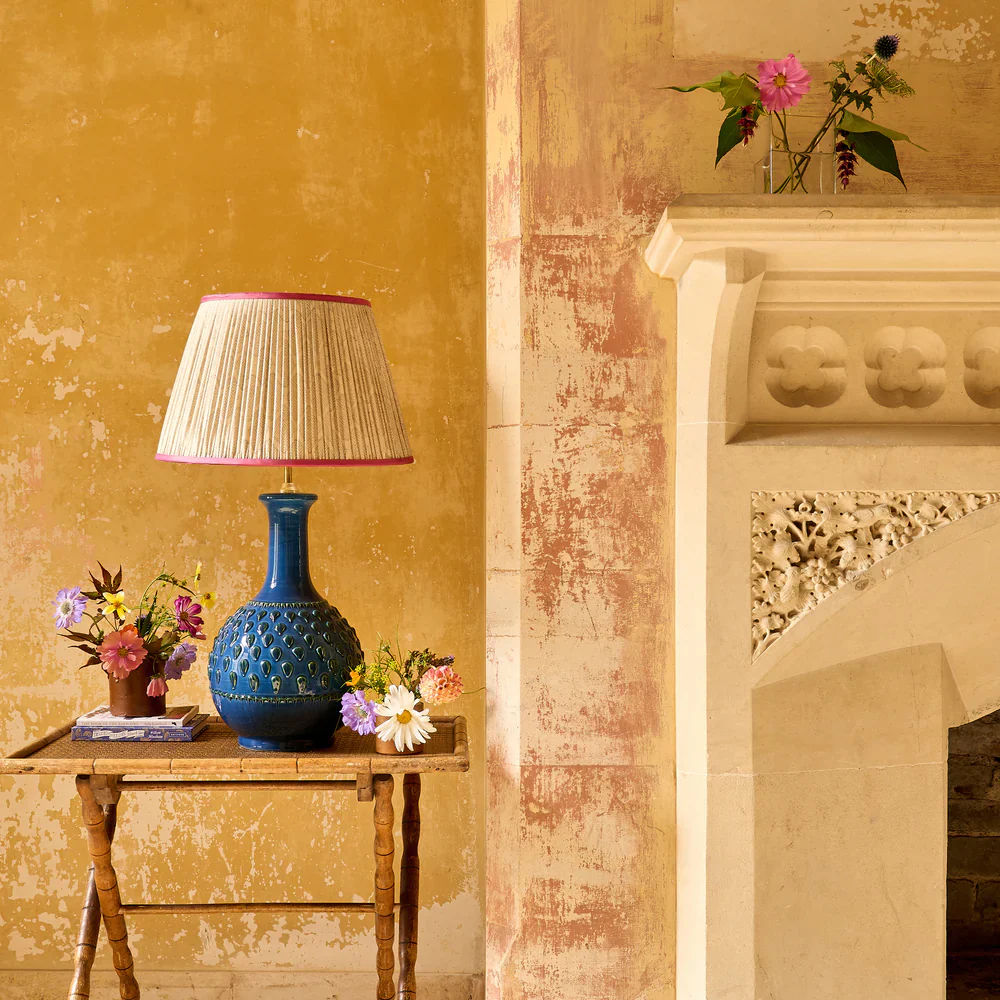 Blue Diamond Geometric Pleated Silk Lampshade with Pink Trim by Penny Morrison - Image 2