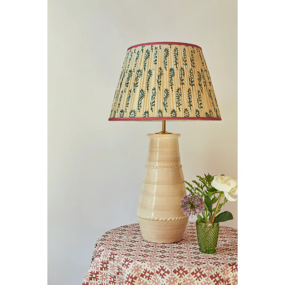 Blue Flower on Cream Pleated Silk Lampshade with Pink Trim - Image 3