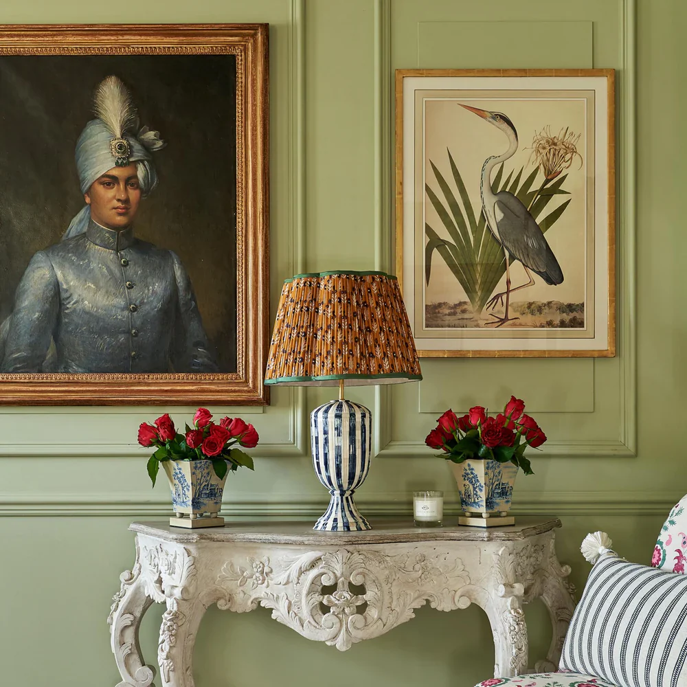 Blue on Cinnamon Marigold Pleated Silk Scalloped Lampshade with Green Trim - Image 2