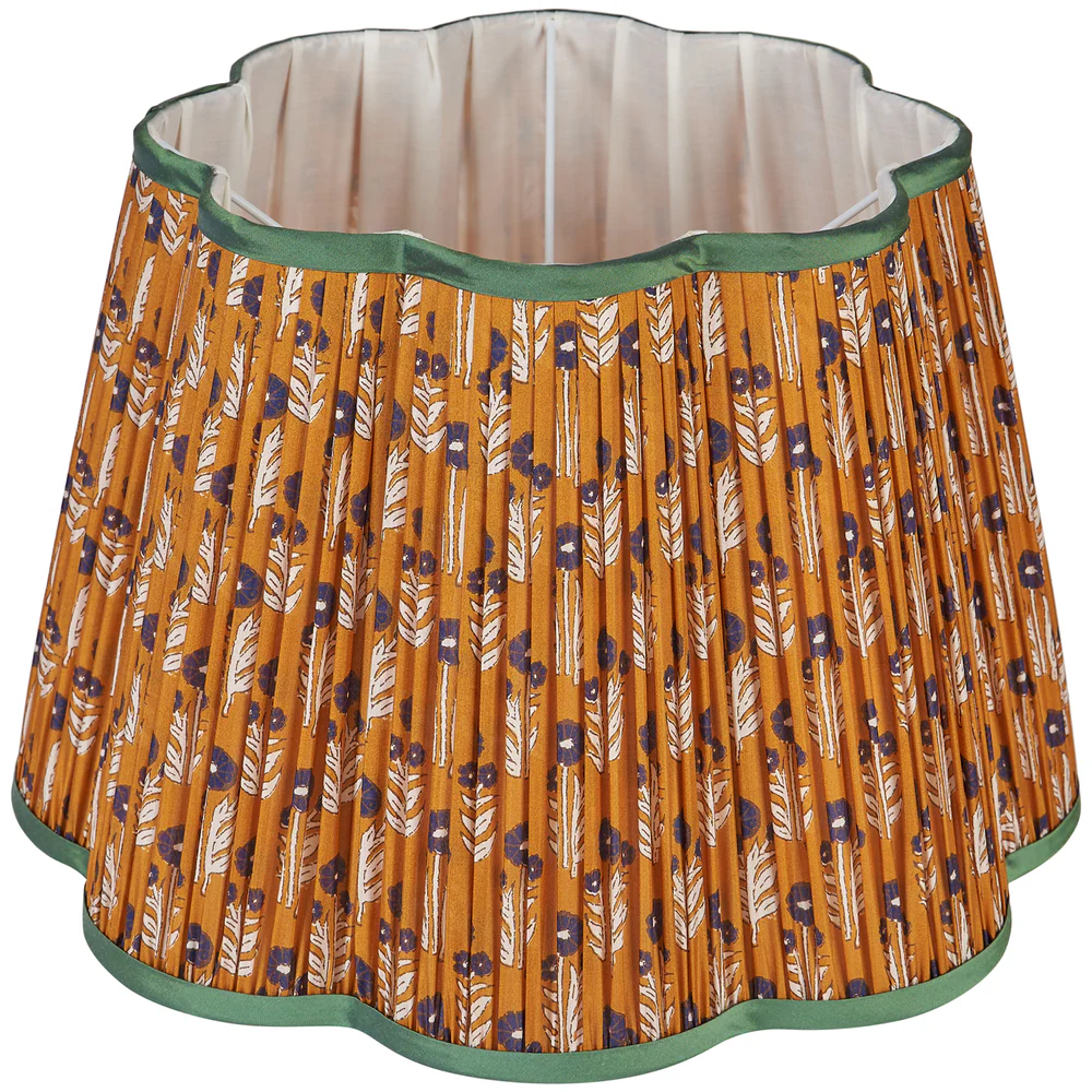 Blue on Cinnamon Marigold Pleated Silk Scalloped Lampshade with Green Trim - Image 4