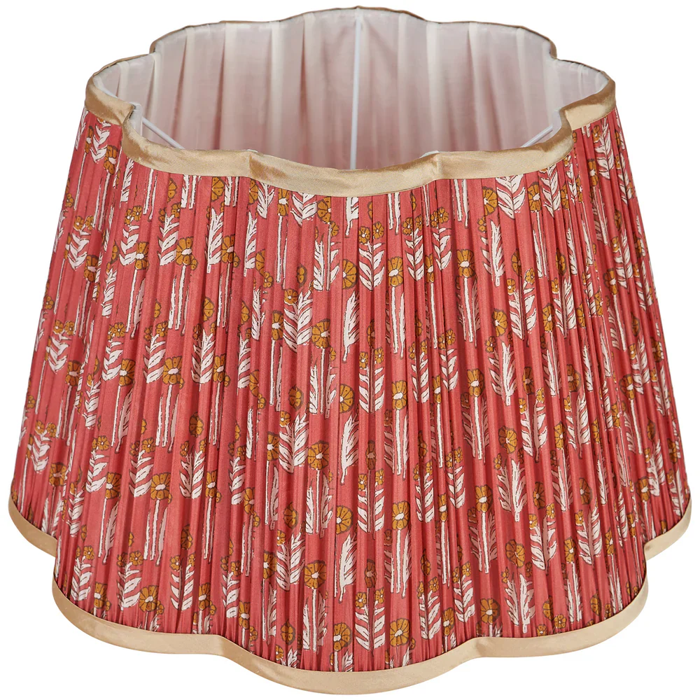 Cinnamon on Red Marigold Pleated Silk Scalloped Lampshade with Gold Trim - Image 4