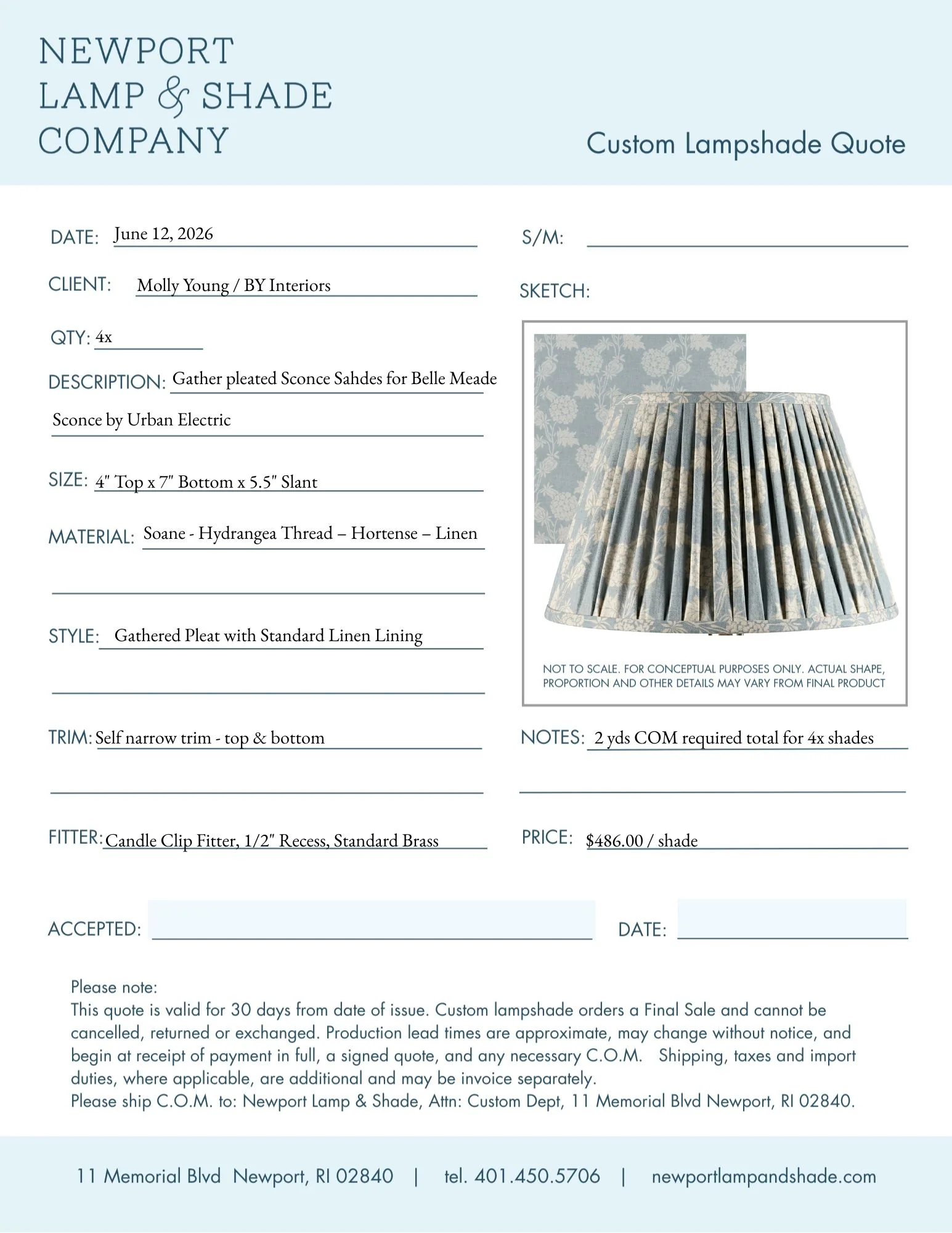 Custom Sconce Shades - COM 7" Candle Clip in Soane for Belle Meade - BY Interiors