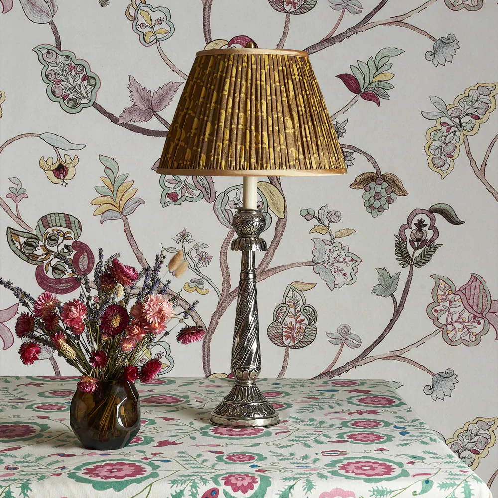 Gold on Olive Motif Pleated Silk Lampshade with Gold Trim by Penny Morrison - Image 2