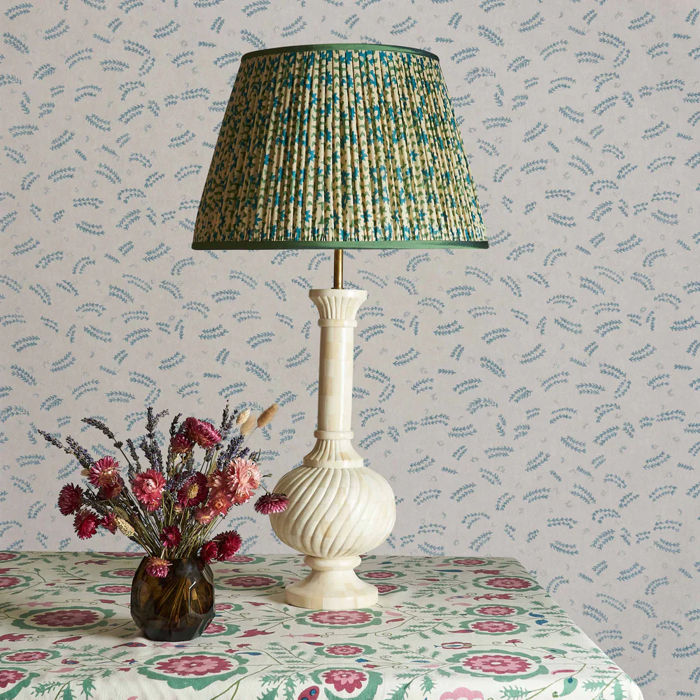 Green and Turquoise Chunky Flower Pleated Silk Lampshade with Green Trim by Penny Morrison - Image 4