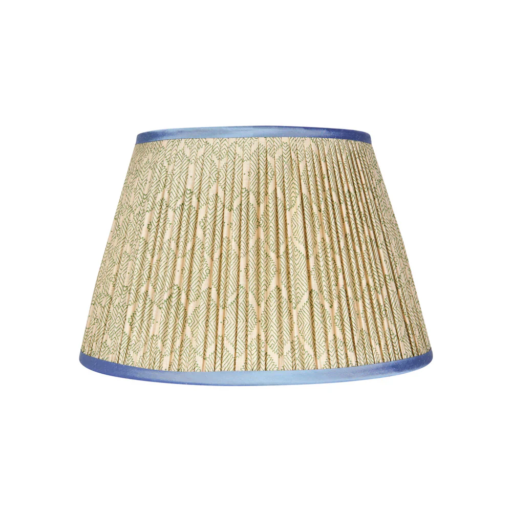 Green Diamond Geometric Pleated Silk Lampshade with Blue Trim by Penny Morrison