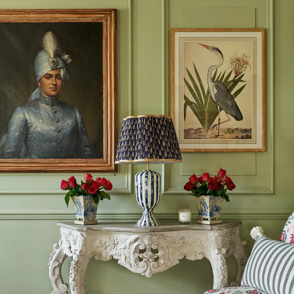 Green on Blue Marigold Pleated Silk Scalloped Lampshade with Gold Trim by Penny Morrison - Image 2