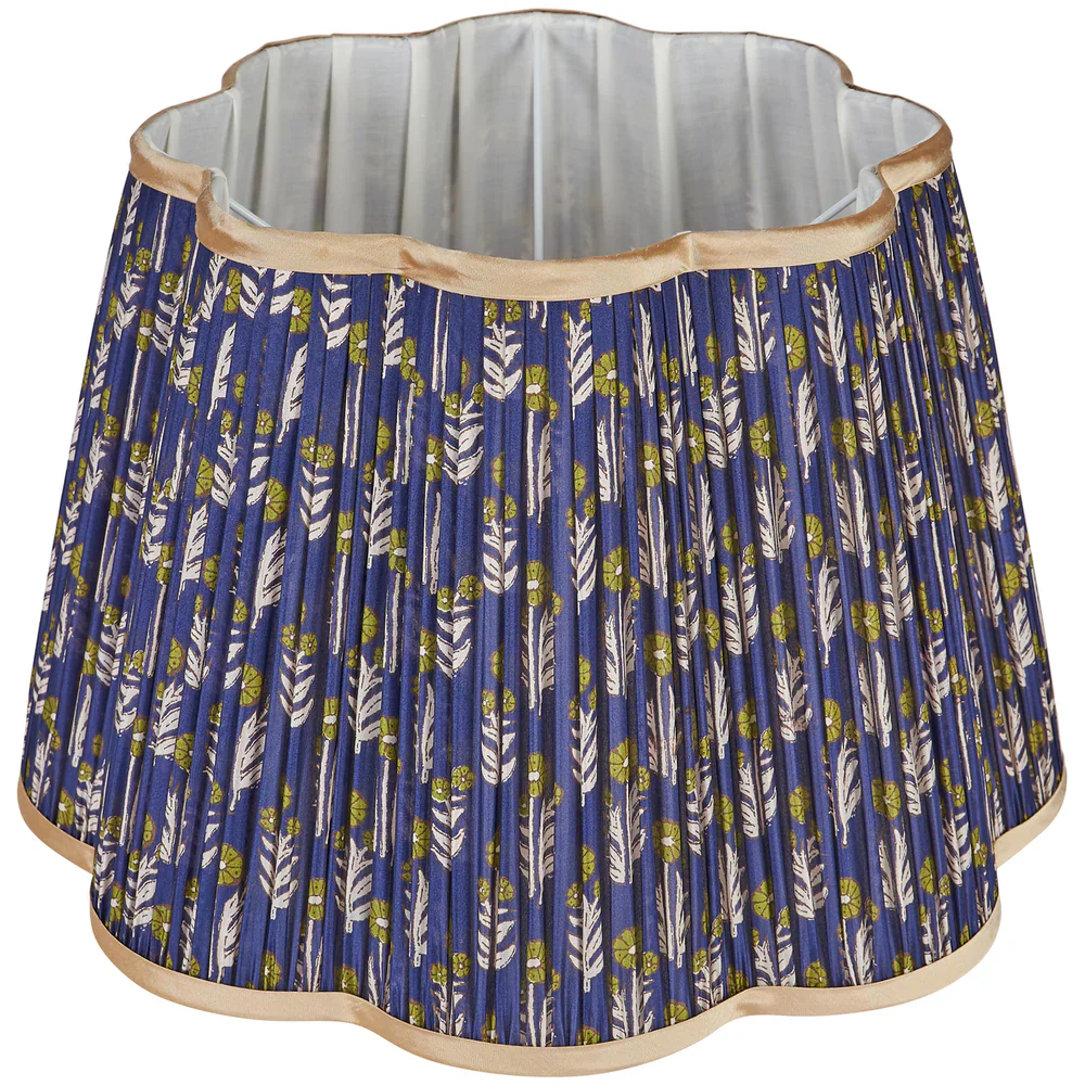 Green on Blue Marigold Pleated Silk Scalloped Lampshade with Gold Trim by Penny Morrison - Image 4