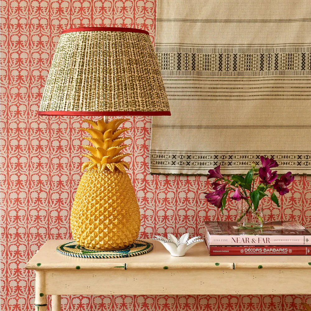 Green on White Tribal Pleated Silk Lampshade with Red Trim by Penny Morrison - Image 2