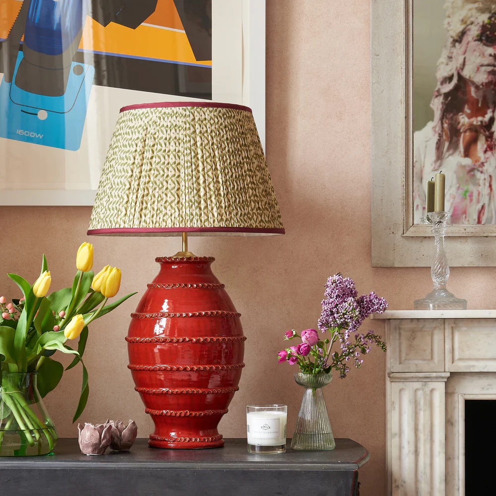 Green Trellis Pleated Silk Silk Lampshade with Burgundy Trim by Penny Morrison - Image 2