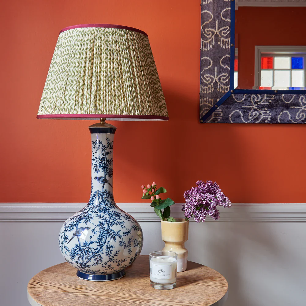 Green Trellis Pleated Silk Silk Lampshade with Burgundy Trim by Penny Morrison - Image 3