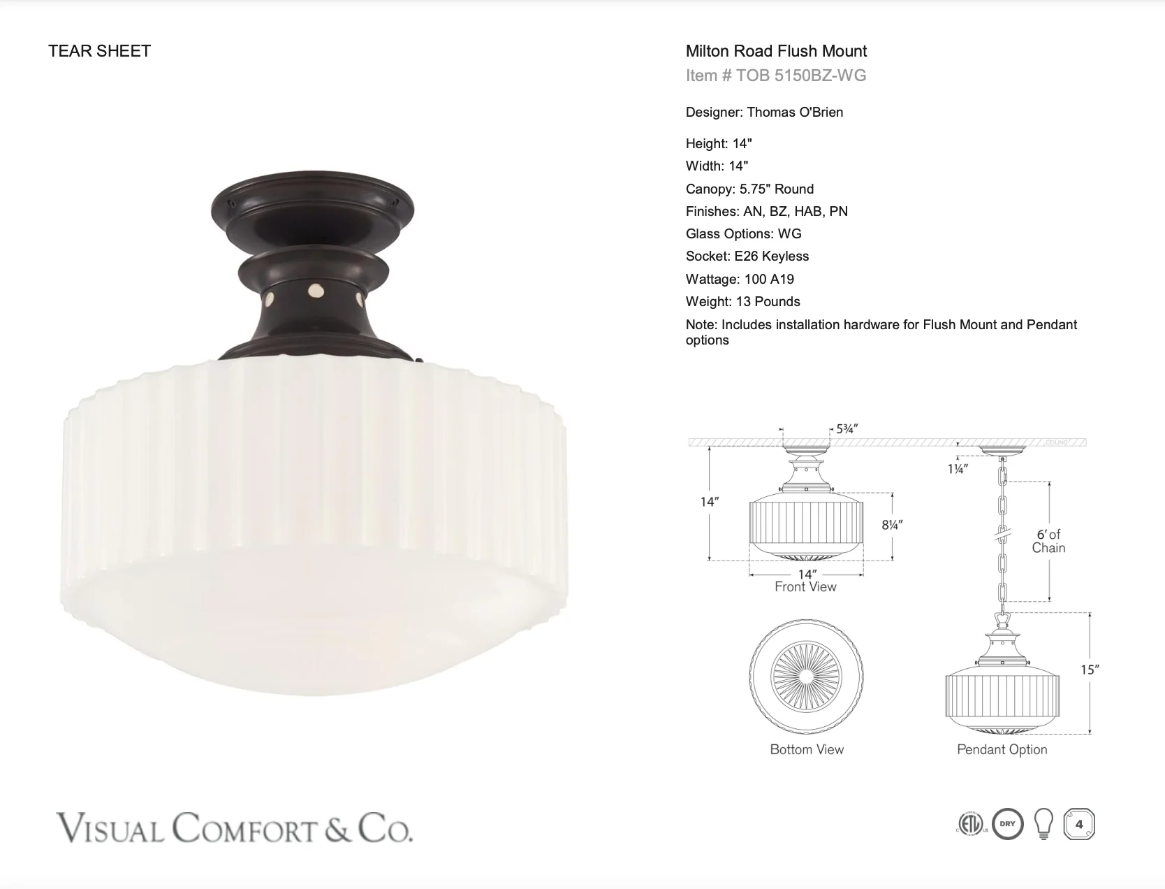Milton Road Flushmount in Bronze by Visual Comfort Item TOB 5150BZ-WG LAST CALL - Image 3