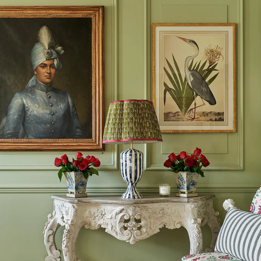 Pink on Green Marigold Pleated Silk Scalloped Lampshade with Pink Trim by Penny Morrison - Image 2