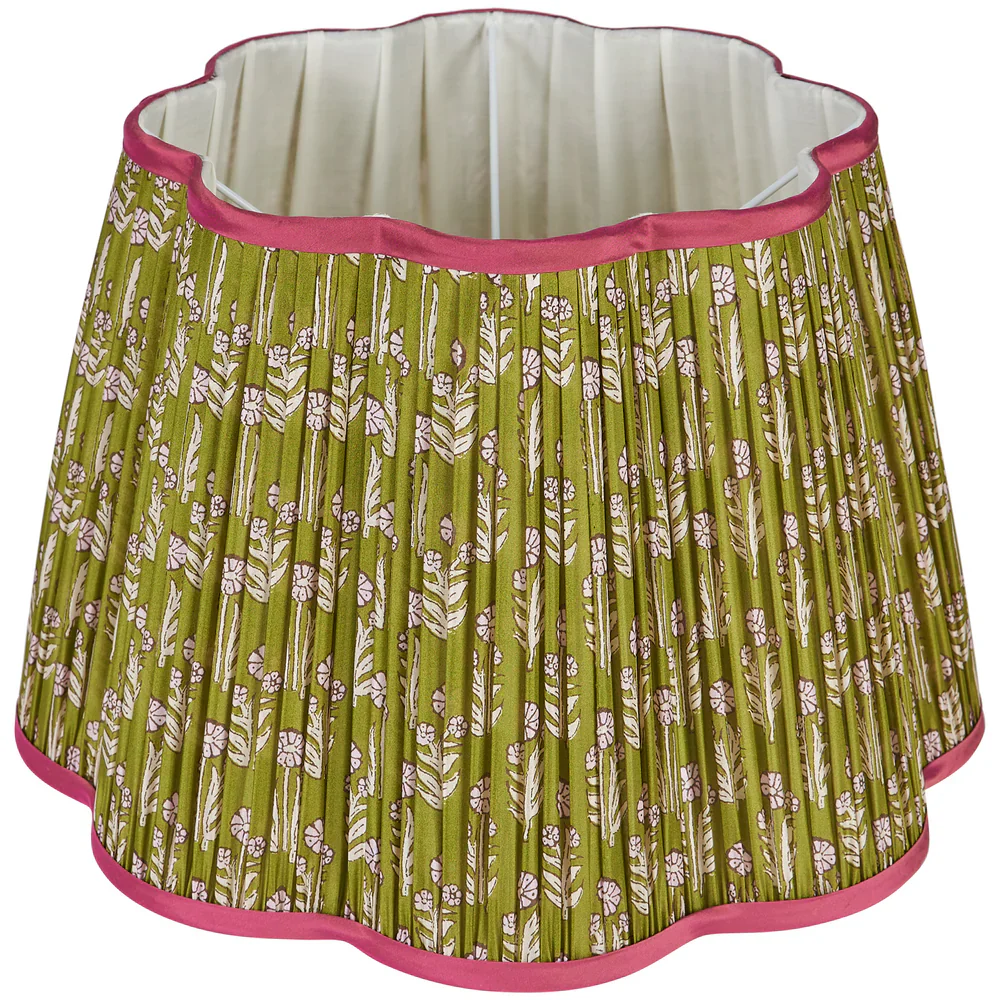 Pink on Green Marigold Pleated Silk Scalloped Lampshade with Pink Trim by Penny Morrison - Image 4