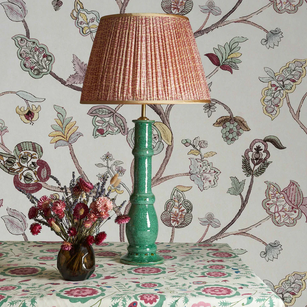Pink on White Tribal Pleated Silk Lampshade with Gold Trim by Penny Morrison - Image 2