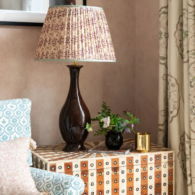 Plum on Cream Pleated Silk Lampshade with Mint Trim by Penny Morrison - Image 3