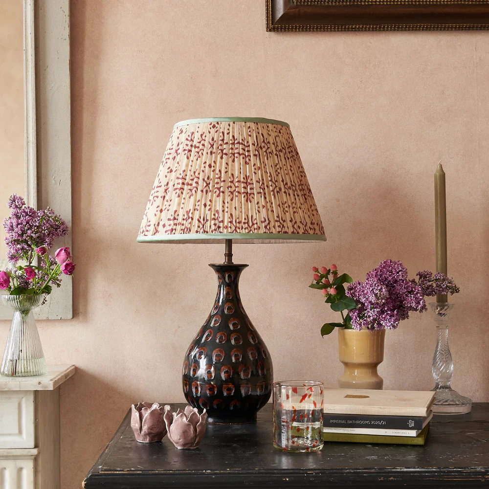 Plum on Cream Pleated Silk Lampshade with Mint Trim by Penny Morrison - Image 7