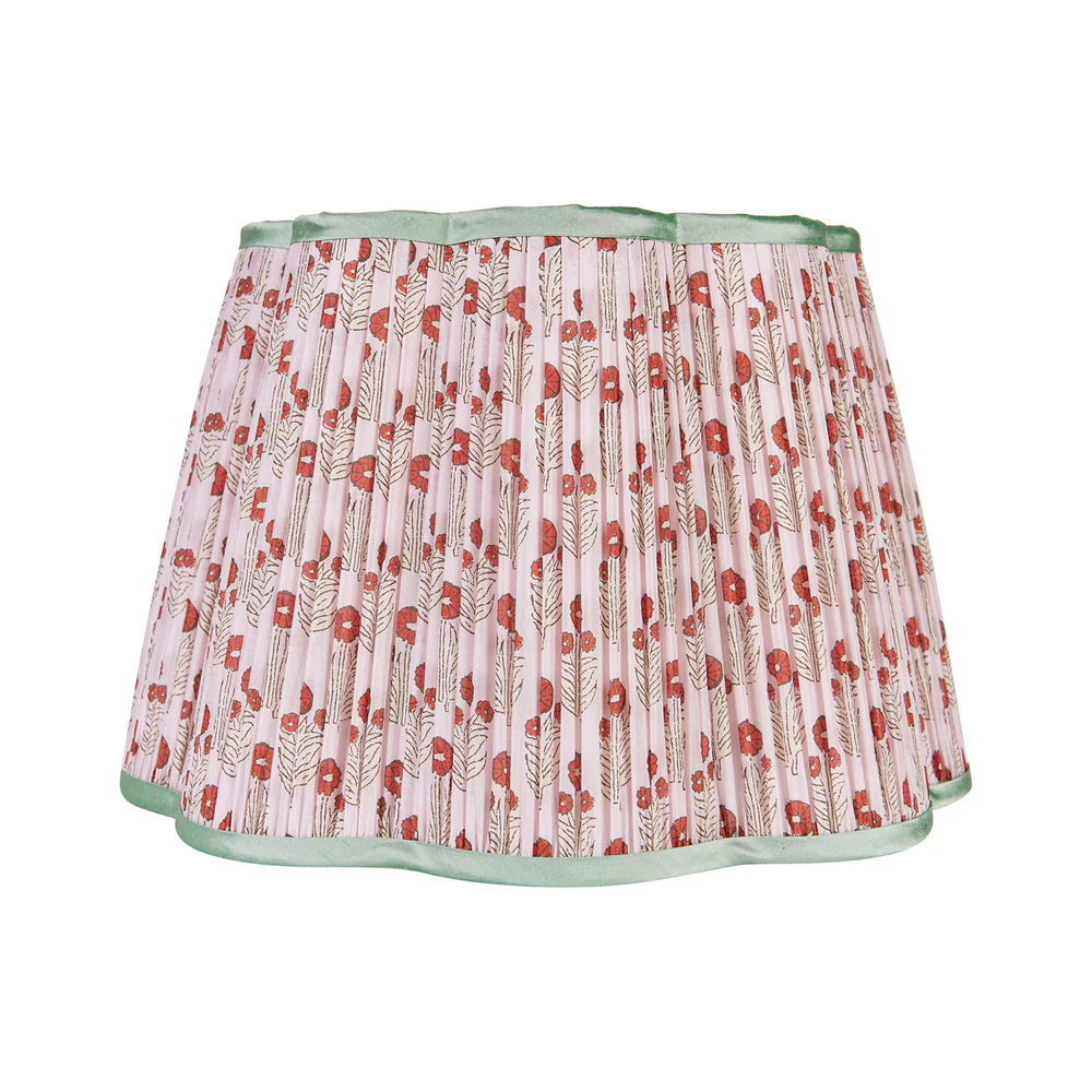 Red on Pink Marigold Pleated Silk Scalloped Lampshade with Mint Trim by Penny Morrison