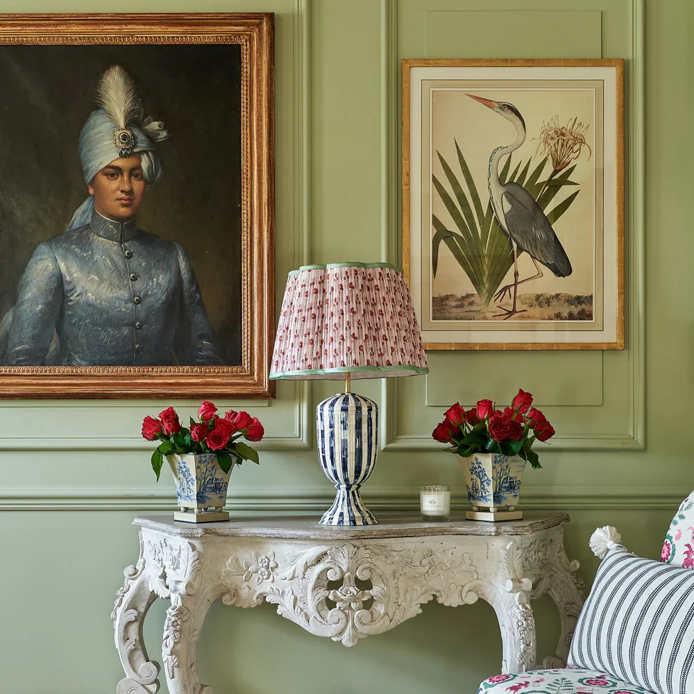 Red on Pink Marigold Pleated Silk Scalloped Lampshade with Mint Trim by Penny Morrison - Image 2
