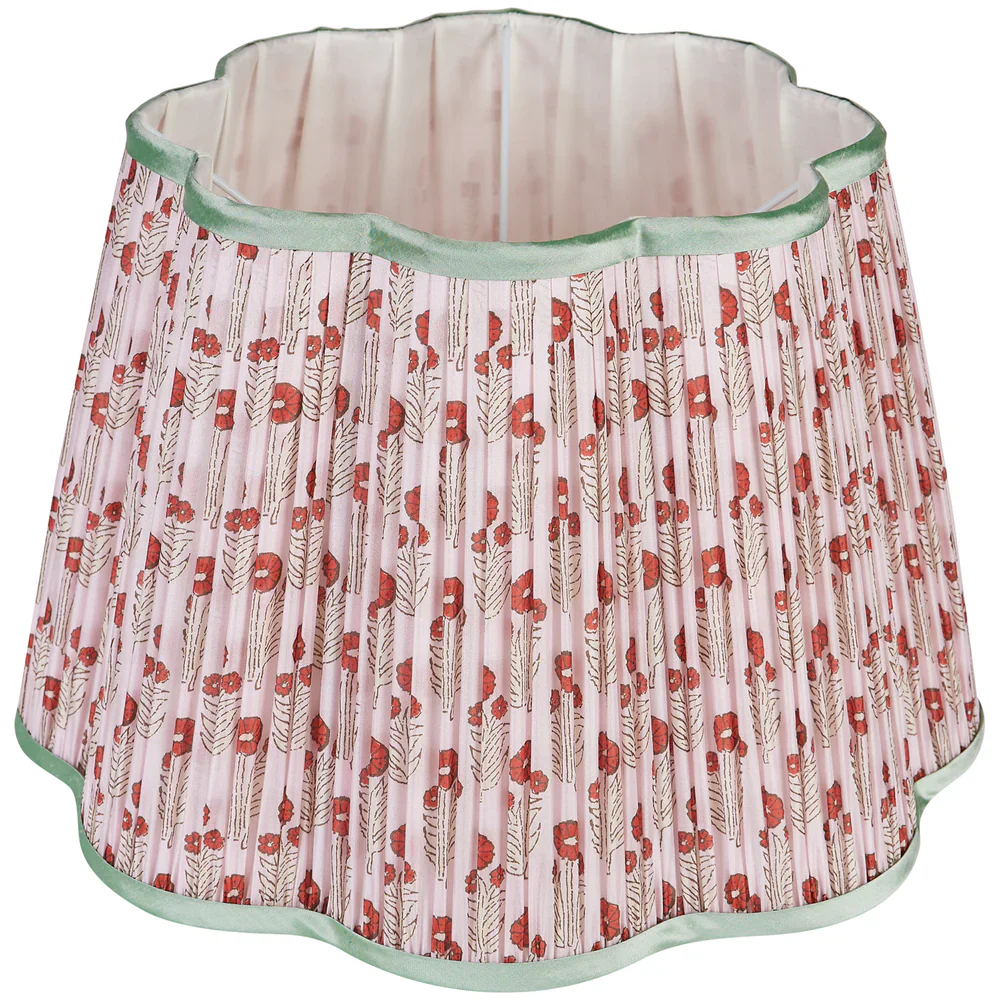 Red on Pink Marigold Pleated Silk Scalloped Lampshade with Mint Trim by Penny Morrison - Image 4