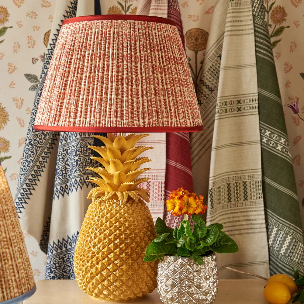 Red on White Tribal Pleated Silk Lampshade with Red Trim by Penny Morrison - Image 2
