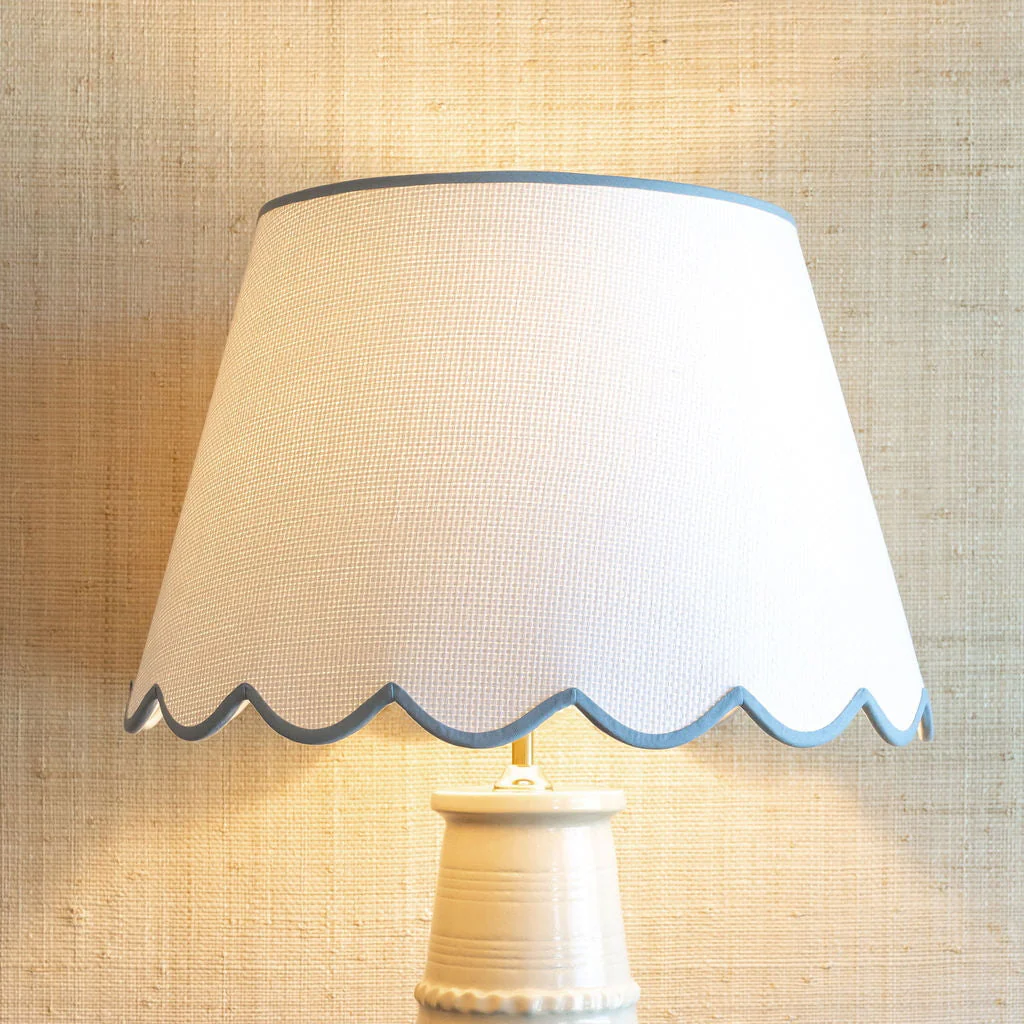 Scalloped Grasscloth Lampshade with Blue Trim - Image 2