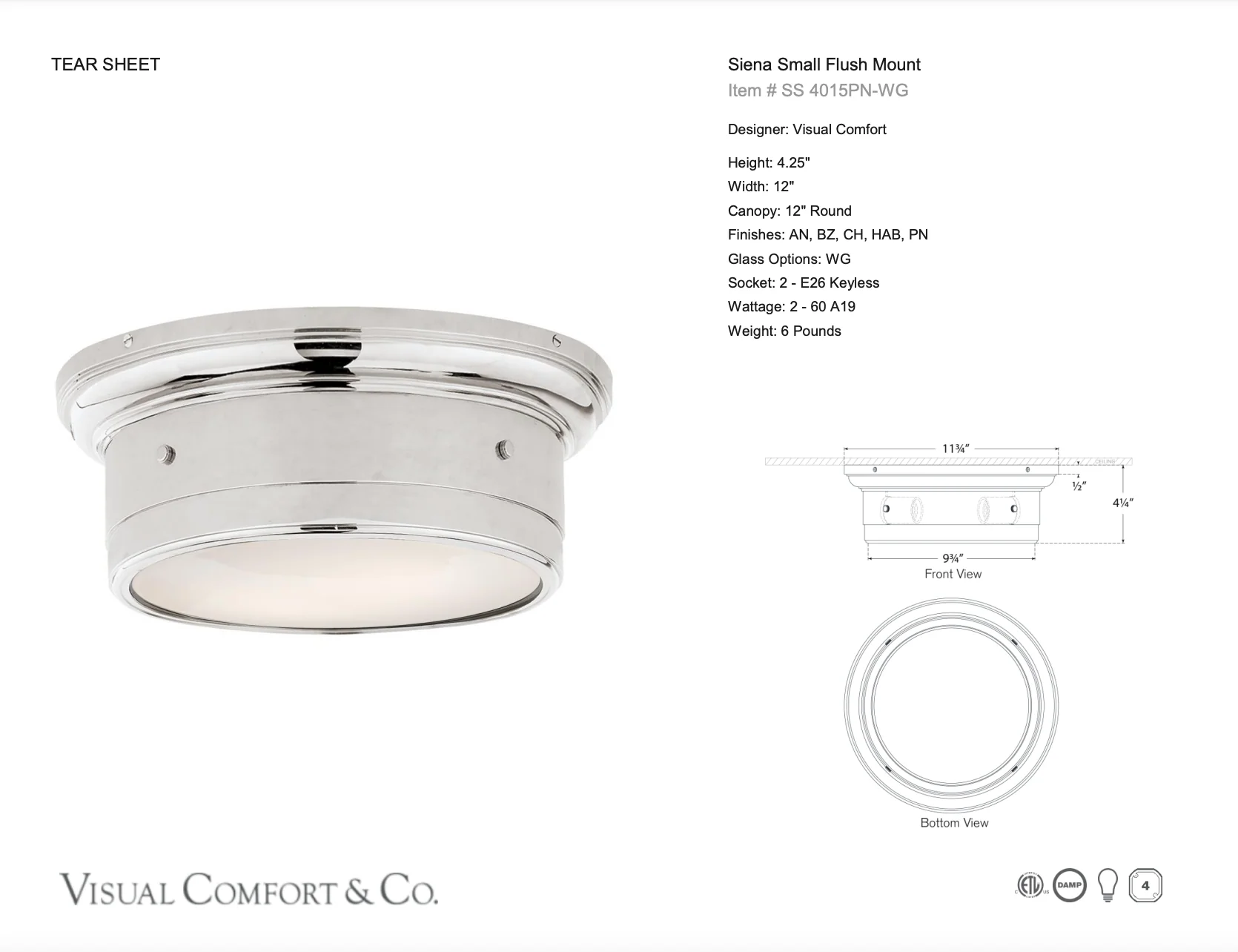 Siena Small Flushmount in Polished Nickel by Visual Comfort Item SS 4015PN-WG LAST CALL - Image 3