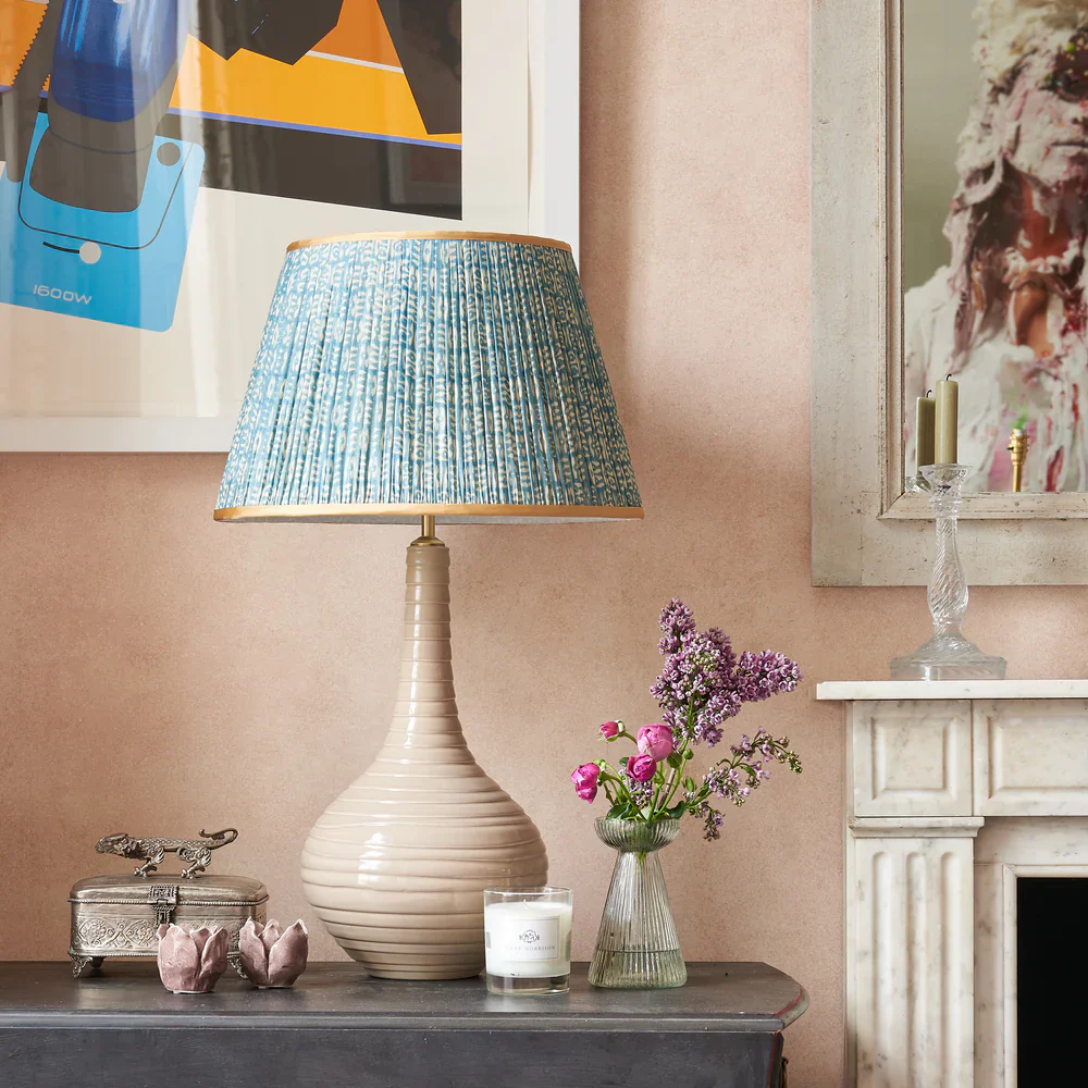 White on Blue Tribal Pleated Silk Lampshade with Gold Trim by Penny Morrison - Image 3