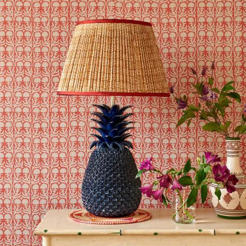 White on Cinnamon Tribal Pleated Silk Lampshade with Red Trim by Penny Morrison - Image 2