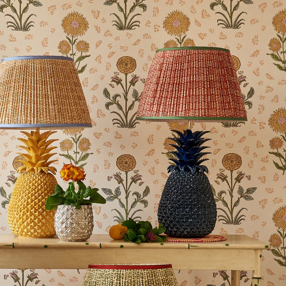 White on Red Tribal Pleated Silk Lampshade with Green Trim by Penny Morrison - Image 2