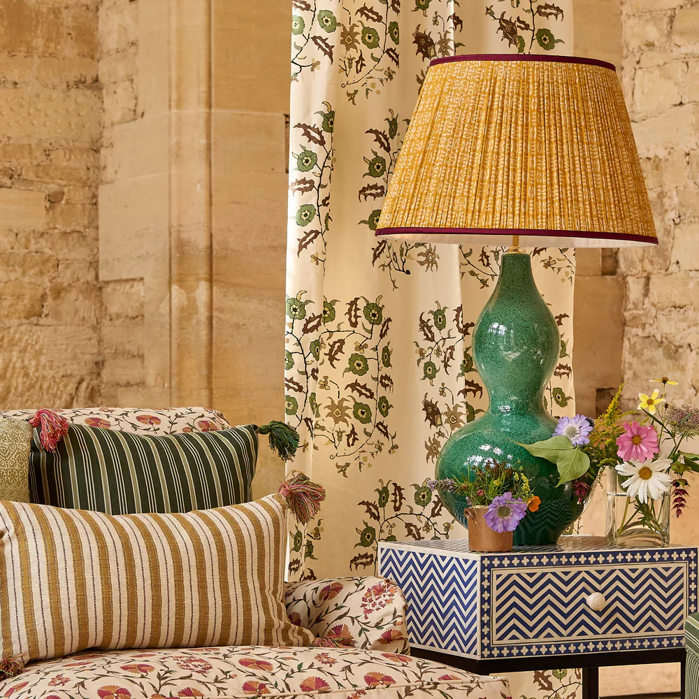 White on Yellow Tribal Pleated Silk Lampshade with Burgundy Trim by Penny Morrison - Image 2