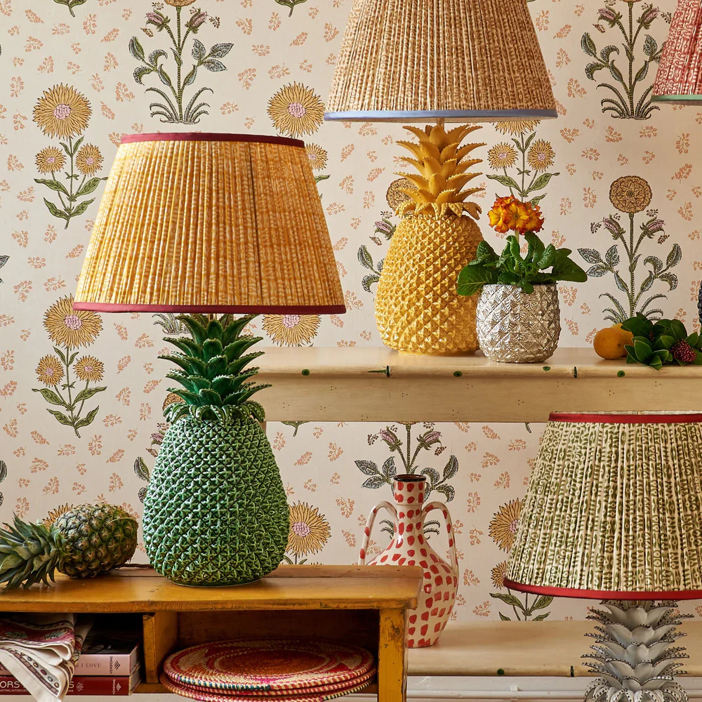 White on Yellow Tribal Pleated Silk Lampshade with Burgundy Trim by Penny Morrison - Image 3