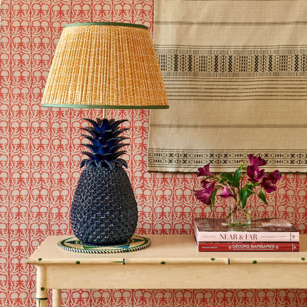 Yellow on White Tribal Pleated Silk Lampshade with Green Trim by Penny Morrison - Image 2